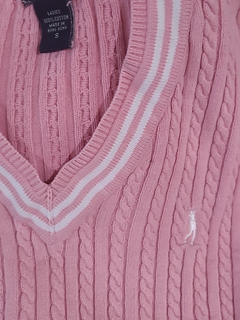 Ralph Lauren Pink Cable-Knit V-Neck Sweater Vest with White Trim